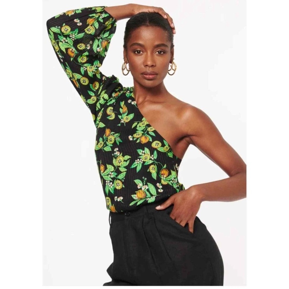 CAMI NYC Lenore silk blend one-shoulder top vibrant kiwi-print black size M